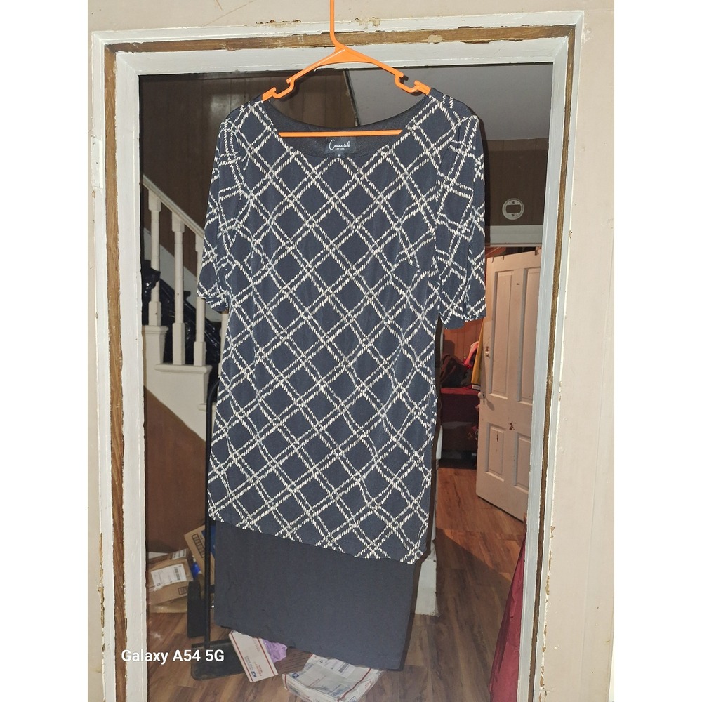 A14. Connected Apparel Black White Geometric Lattice Layered Sheath Dress 10